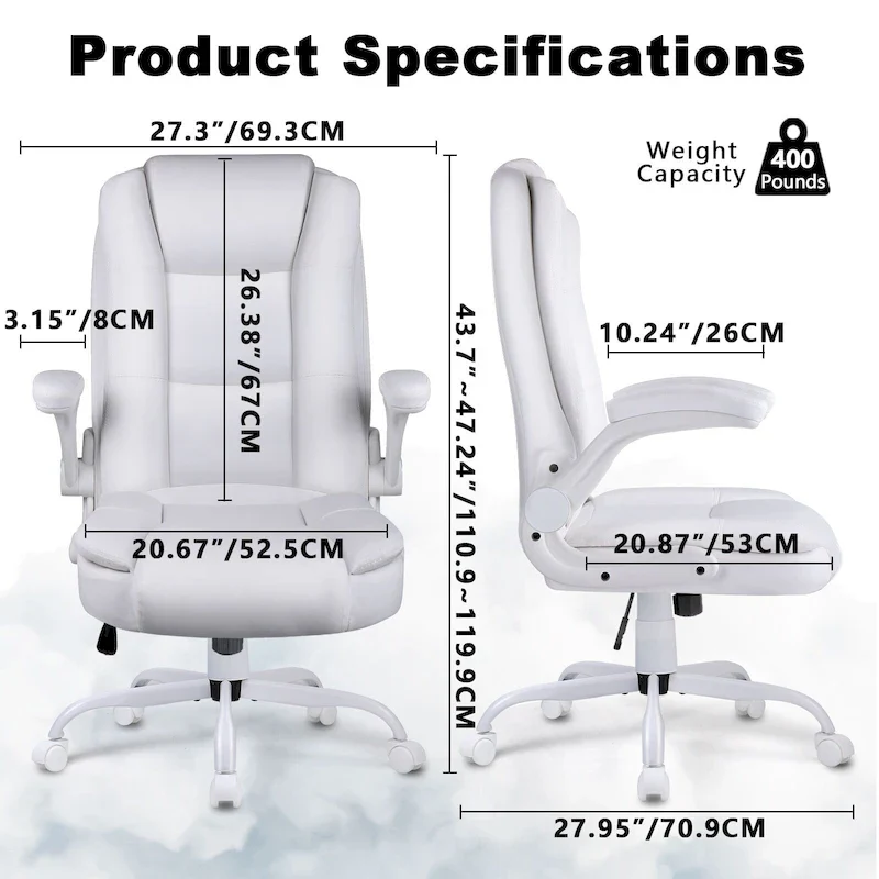 Big and Tall Ergonomic High Back Adjustable Height Leather Executive Chair with Padded Flip-up Arms