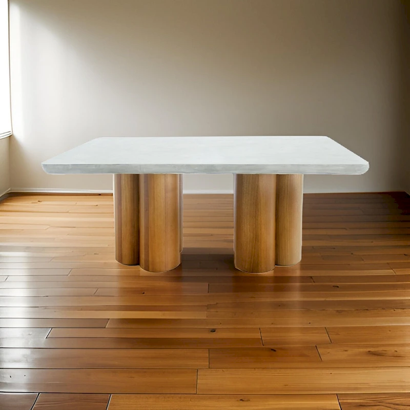 Cid Ziv 71 Inch Dining Table, Rectangular Gray Faux Concrete, Pillar Base