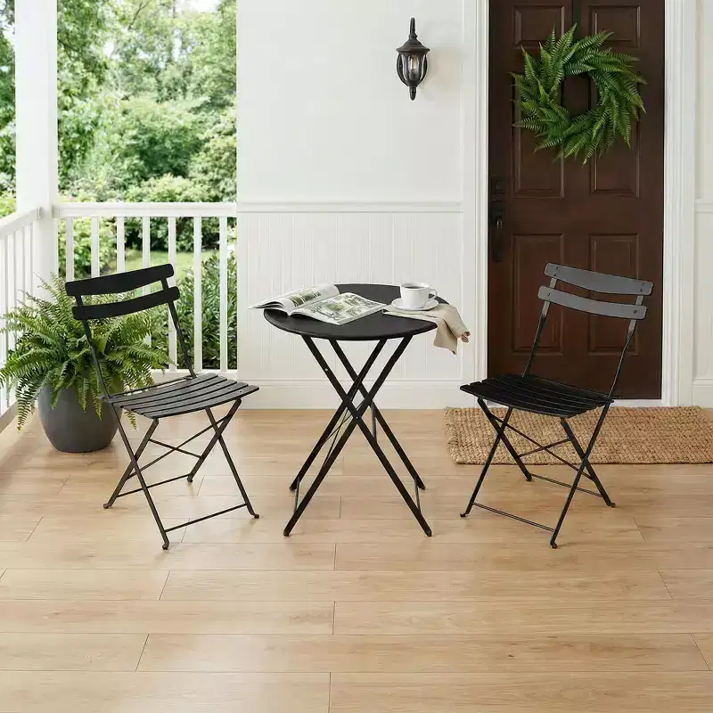 3 Piece Foldable Patio Bistro Set, Outdoor/Indoor Metal Table and Chairs Furniture, Compact Round Table with 2 Folding Chairs