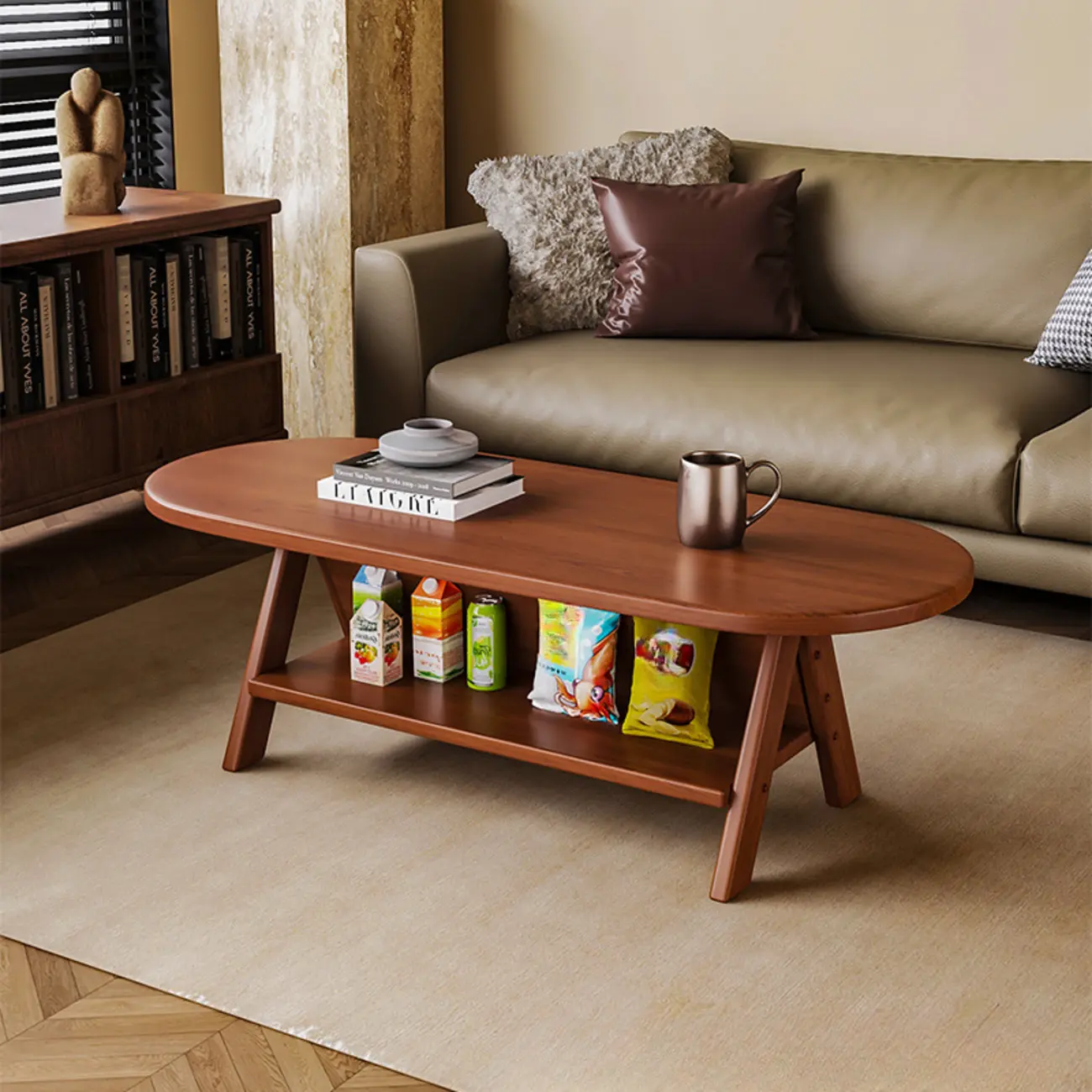 Classic Wooden Oval Coffee Table with Tilt Shelf