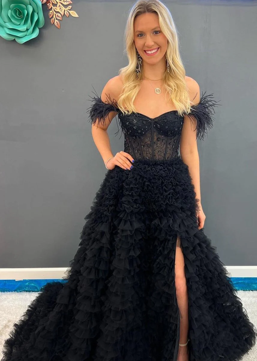 A Line Sweetheart Tiered Tulle Long Prom Dress With Slit