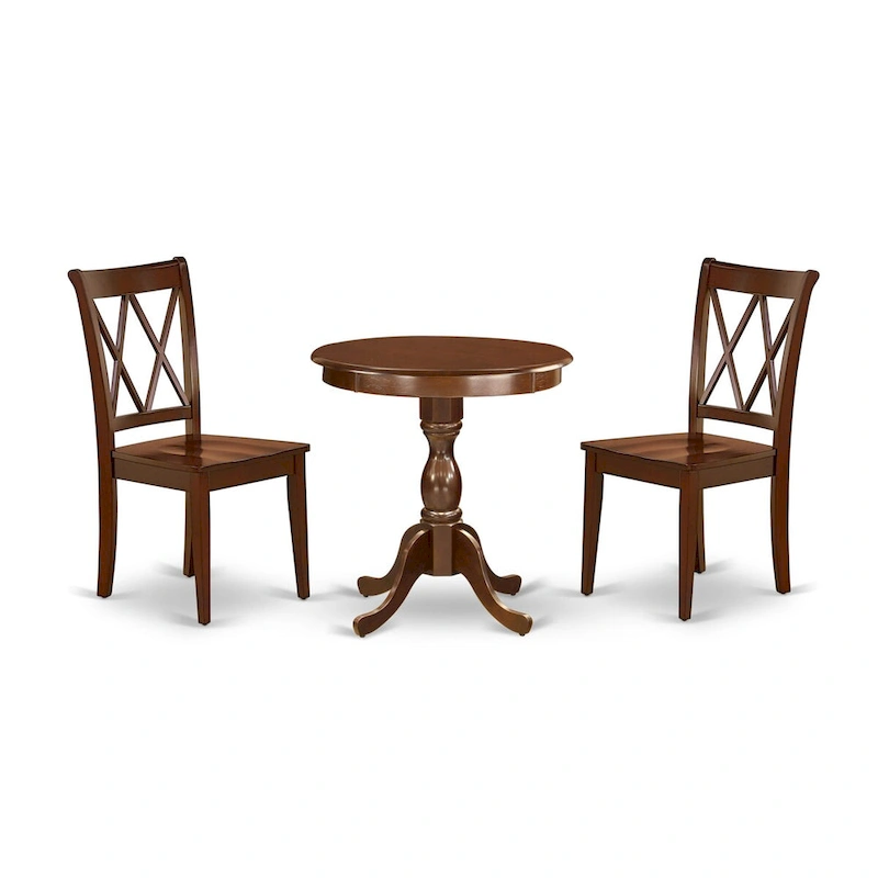 East West Furniture 3 Piece Dining Table Set- a Round Kitchen Table with Pedestal and 2 Dining Chairs, Mahogany(Seat Options)