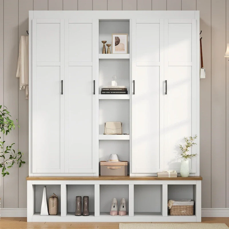 Farmhouse Hall Tree with Bench & 6 Hooks, 62.9W Shoe Storage, Entryway Organizer for Mudroom, Living Room