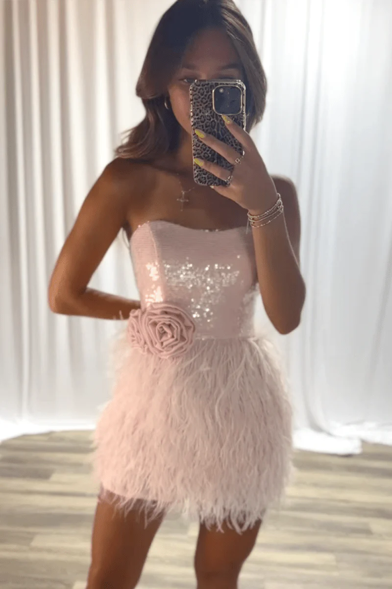 Pink - Bodycon Strapless Sequin Mini Party Dresses with Feathers