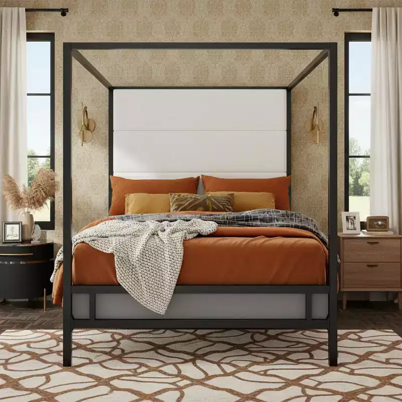 Polibi Canopy Bed with Upholstered Linen Headboard