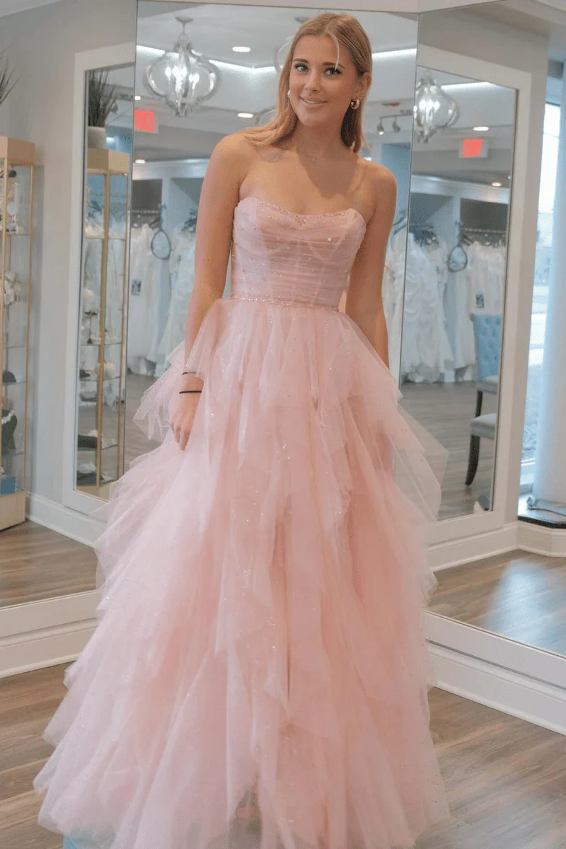 Strapless Blush Pink Sequin Beaded Ruffle Tulle Prom Dress