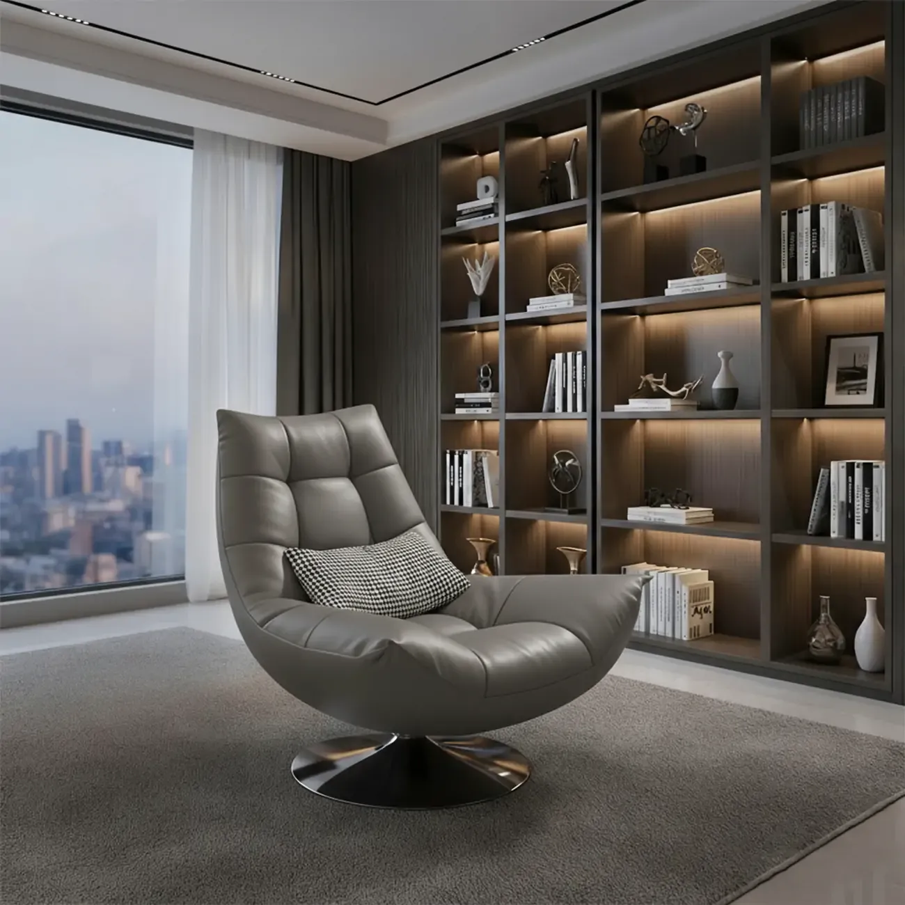 Black Swivel Tufted Leather Accent Chair Pillow Included