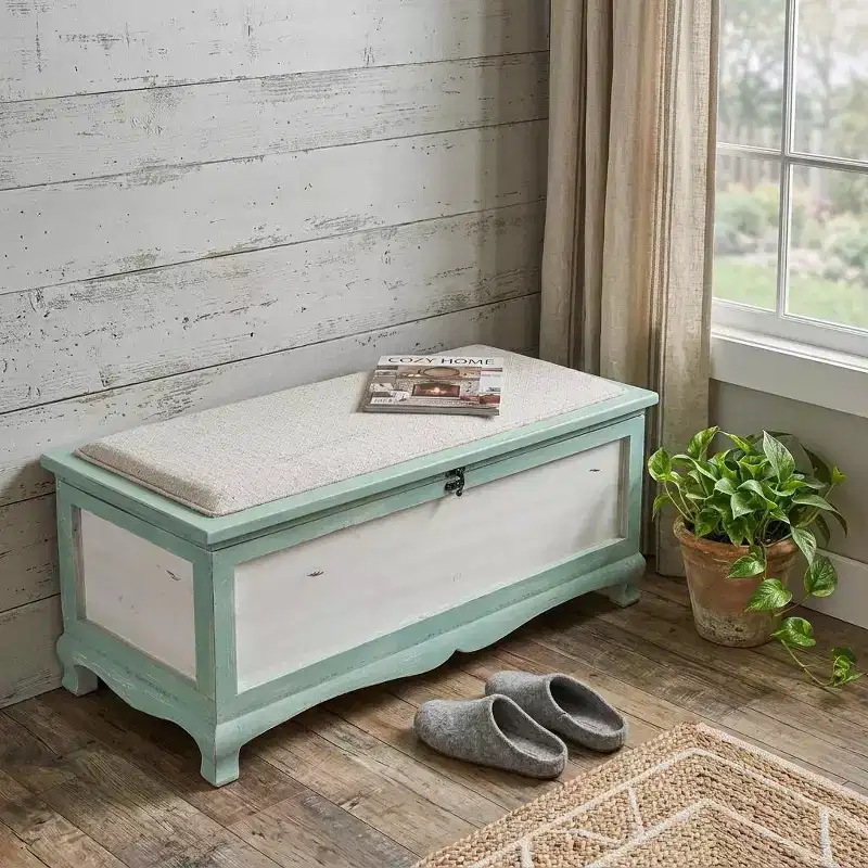 HomeRoots Rectangular Green Wooden With Seat Cushion And Inside Storage Bench