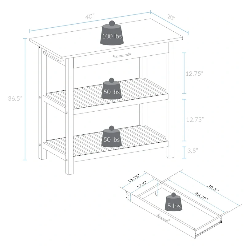 2-shelf Natural Solid Wood Top Kitchen Island - N/A