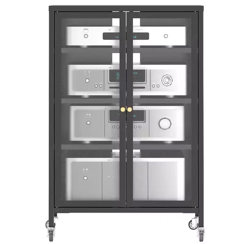 VIYET 36 Media Storage Cabinet with Wheels - 4 Adjustable Glass Shelves & Locking Door, Heavy-Duty Steel AV TV Stand for Living Room, Black