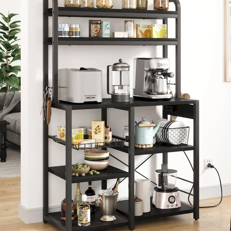 Kitchen Bakers Rack with Power Outlet, Wire Basket