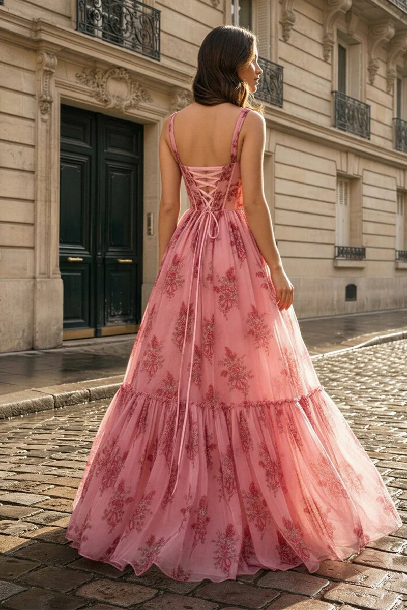 Pink Sweetheart A Line Floral Printed Chiffon Long Prom Dress With Bow