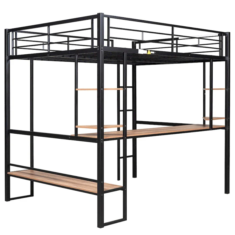 Full Metal Loft Bed with Long Desk & Shelves