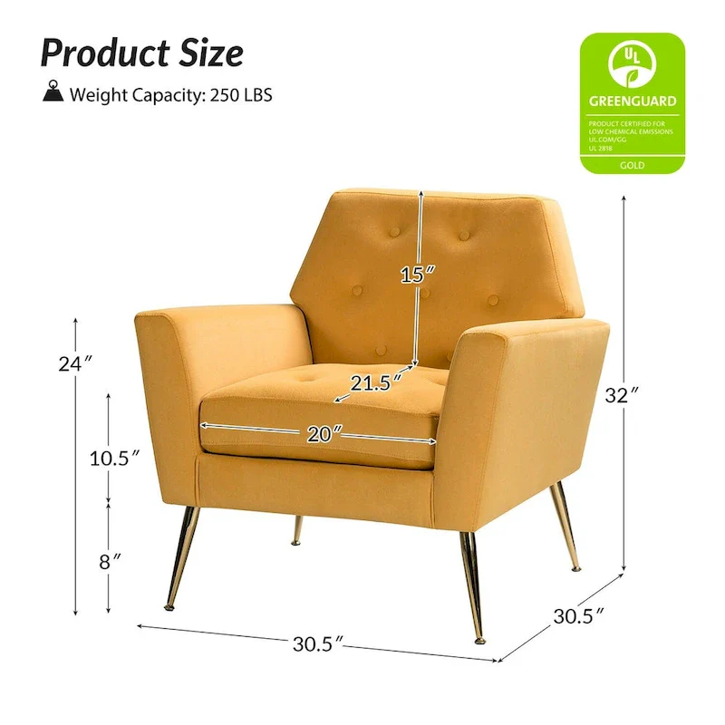 Velvet Tufted Accent Armchair with Gold Metal Legs – 250lbs Capacity