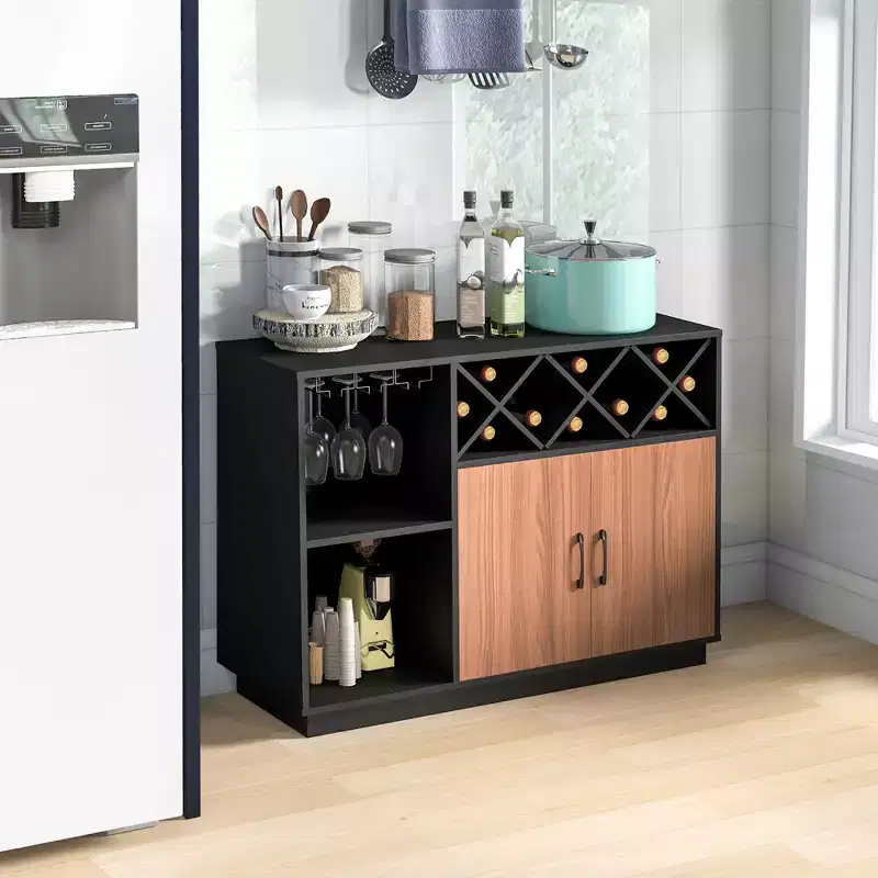 Industrial Wine Bar Cabinet Sideboard Buffet with Glass Holder & Adjustable Shelf, 45.5