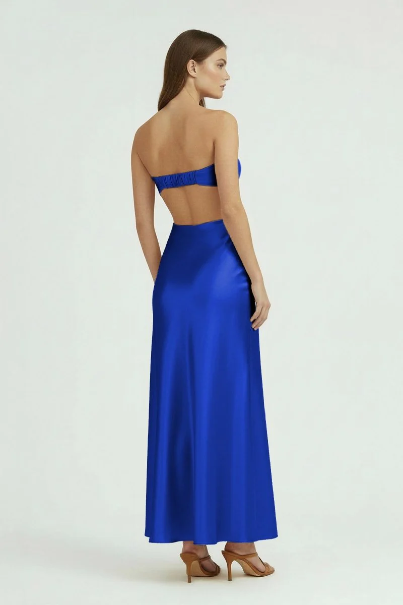 Aqua Strapless Sheath Satin Open Back Prom Dresses With Cutout