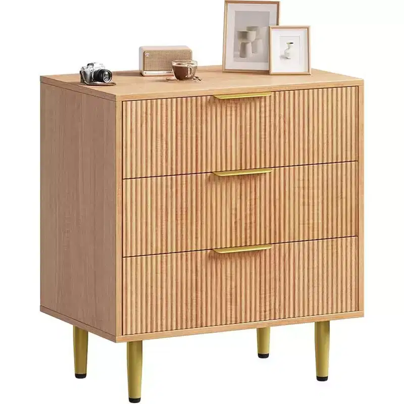 3 Drawer Dresser, Mid Century Modern Fluted Nightstand with Metal Handles & Legs, Bedside End Table for Bedroom, Living Room, Hallway, Apartment