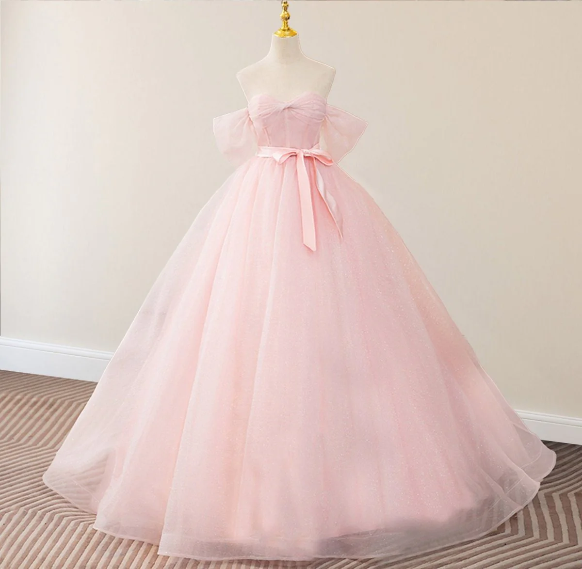 Pink A Line Tulle Off The Shoulder Floor-Length Quinceanera Dresses with Sashes