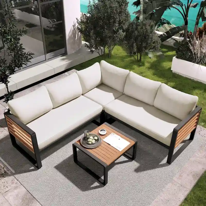 4 Pieces Outdoor Patio Conservation Set with Soft Cushion and Coffee Table for Garden, Backyard, Porch and Deck