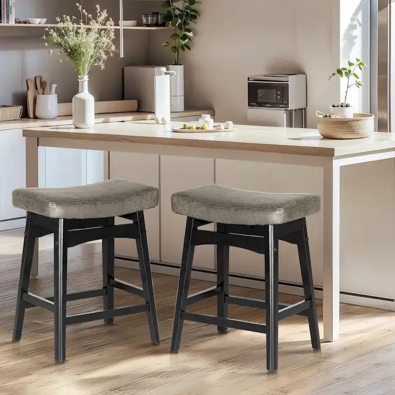 Backless Saddle Counter Stools with Wood A-Frame Base – Grey / Black / White / Beige
