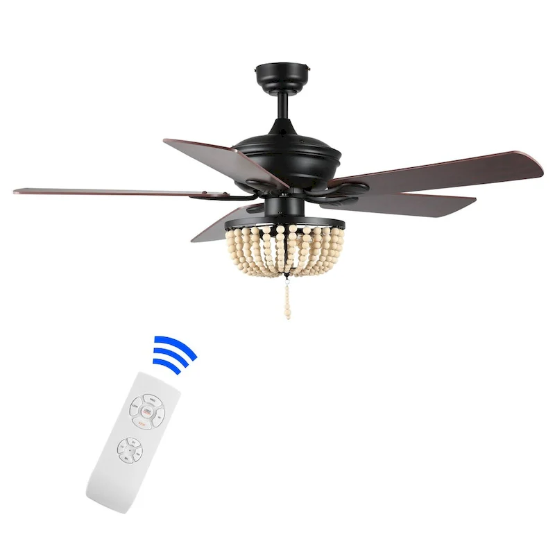 Quinn 52  3-Light Rustic Farmhouse Iron/Wood Bead Mobile-App/Remote-Controlled LED Ceiling Fan, by JONATHAN Y