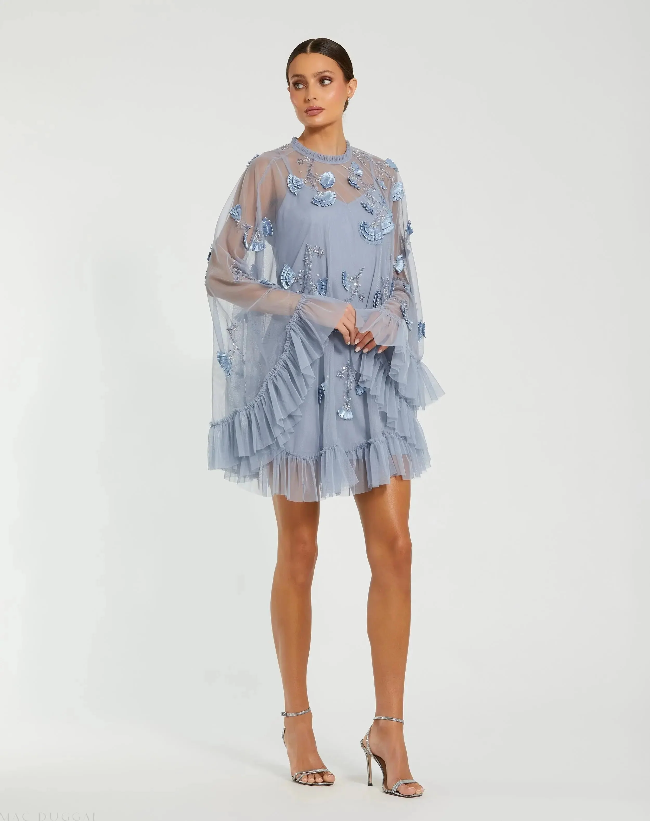 Embellished Long Flare Sleeve Mesh A-Line Dress