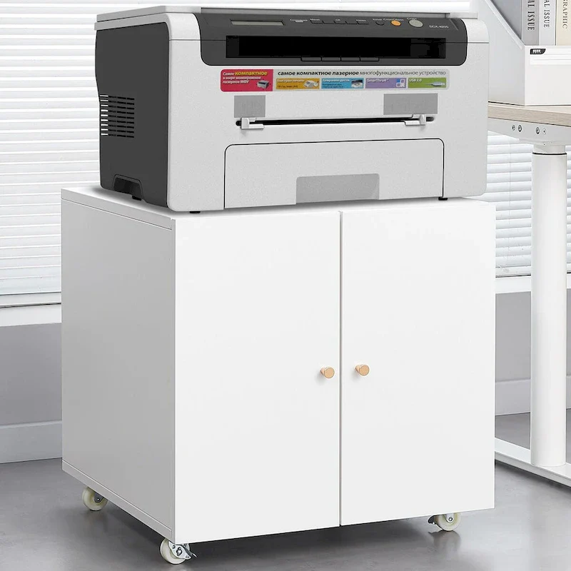 White Metal Printer Stand with Storage, Single-Person Use, Cabinet Style with Door & Wheels