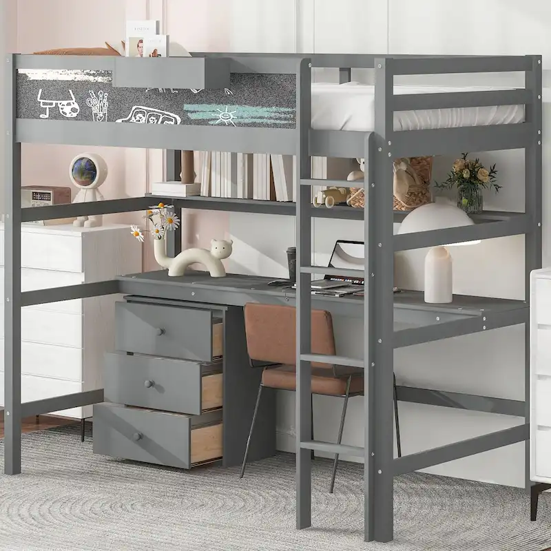 Gray Twin Size Solid Wood Loft Bed with Desk, Blackboard, and Storage