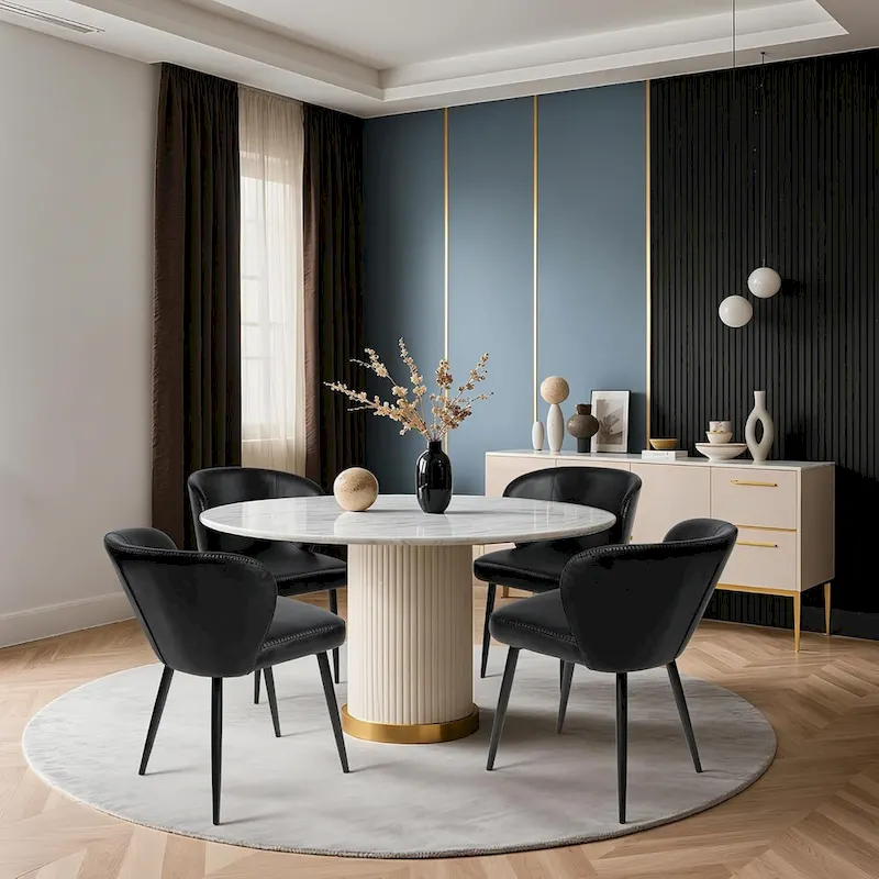 Upholstered Kitchen Chairs with Faux Leather Cushion Seat and Metal Legs, Mid Century, Black,Set of 2