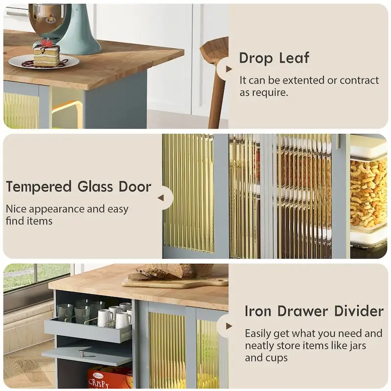 Kitchen Island with Drop Leaf,LED Light Kitchen Cart on Wheels