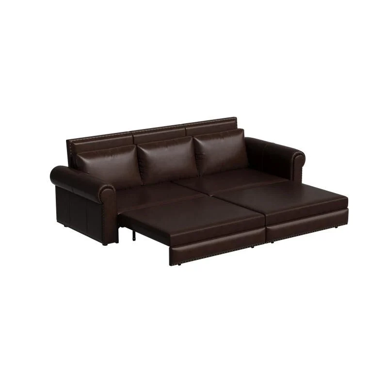 Chesterfield Sofa Bed, King Pull Out Sofa Bed, Velvet/Faux Leather Convertible Sleeper Sofa w/ Nailhead Trim & Rolled Arm