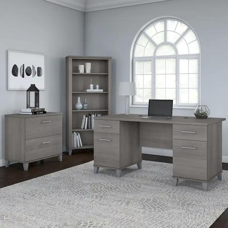 Somerset 60W Office Desk with Cabinet and 5 Shelf Bookcase