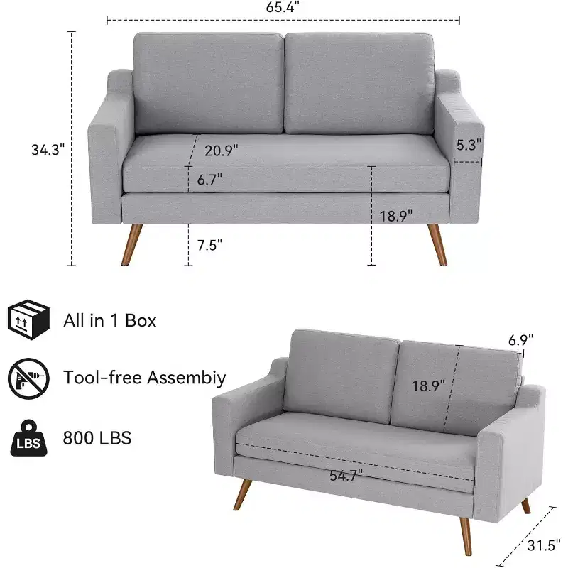 Dyonery 65.4 Sofa, comfortable linen sofa, medieval modern small sofa, with spring pads, solid wood frame, tool-free assembly
