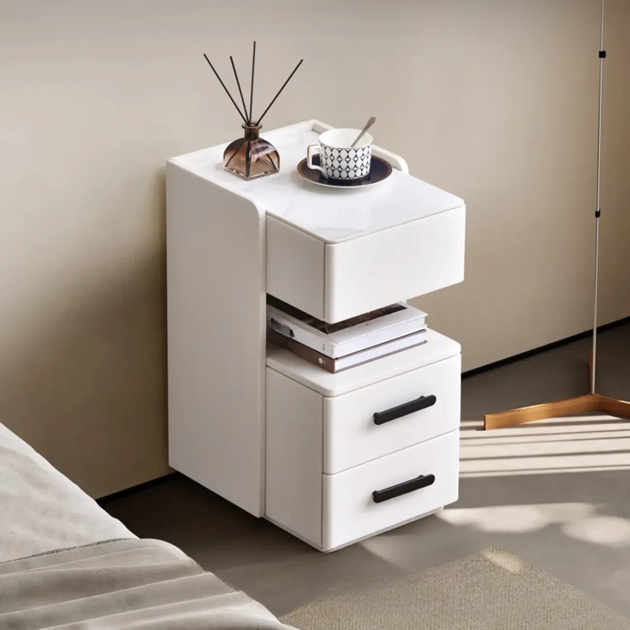 Compact Stone-Top Wooden 4-Tier White Nightstand