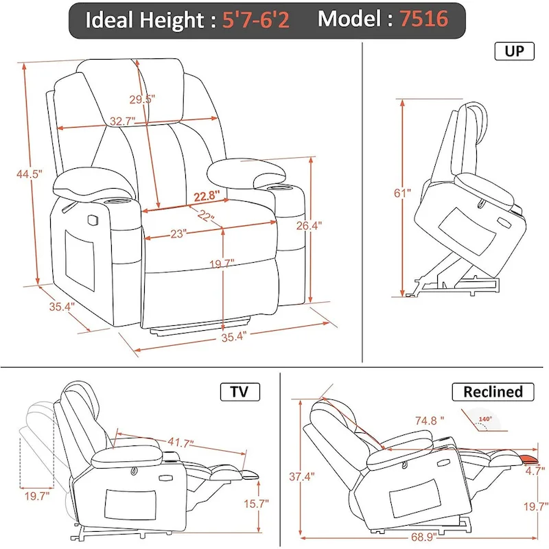 MCombo Large Power Lift Recliner Chair with Massage, Cup Holders, Extended Footrest, Fabric 7516