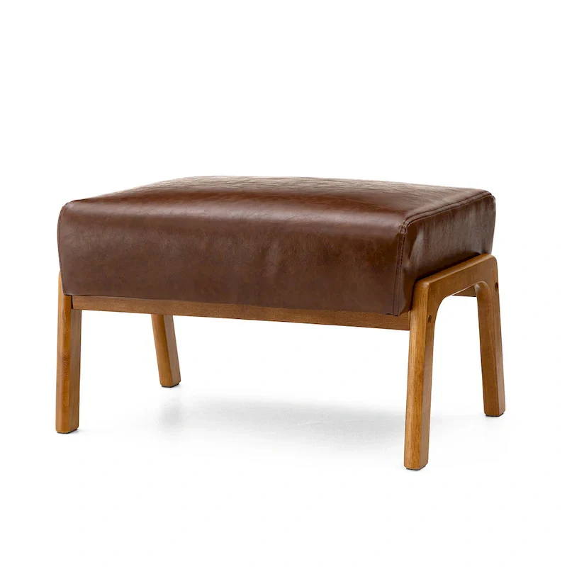 Glitzhome 24.5W Leatherette Accent Stool With Walnut Rubberwood Legs