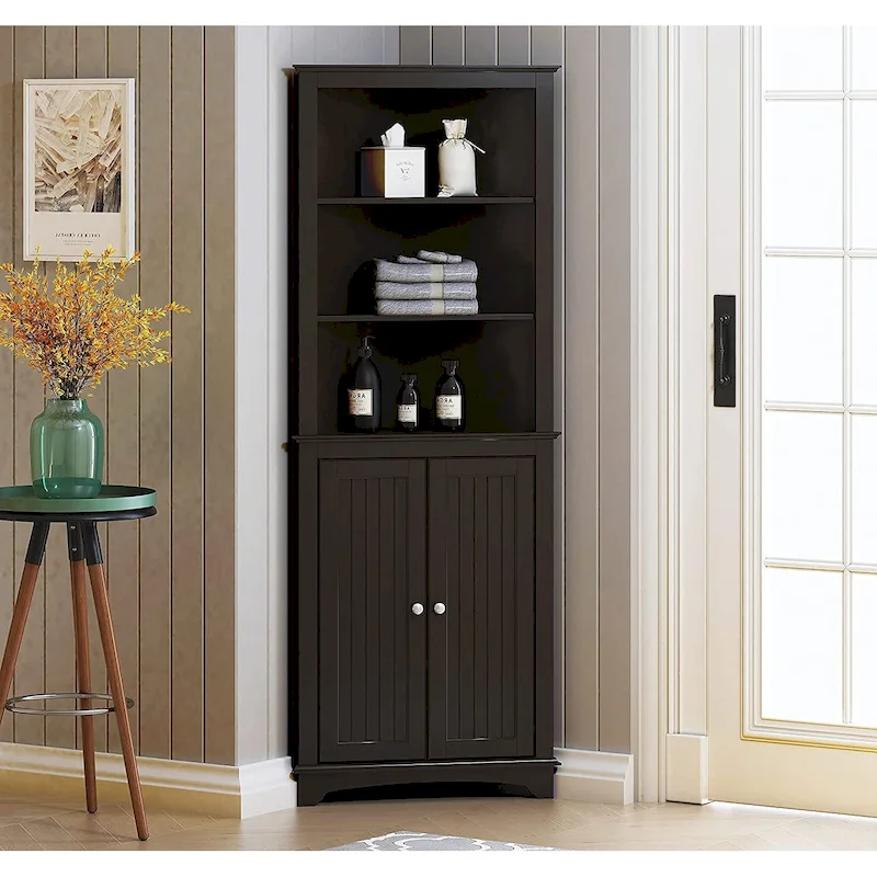 Bathroom Storage,Tall Corner Cabinet with 2 Doors and 3 Tier Shelves,White