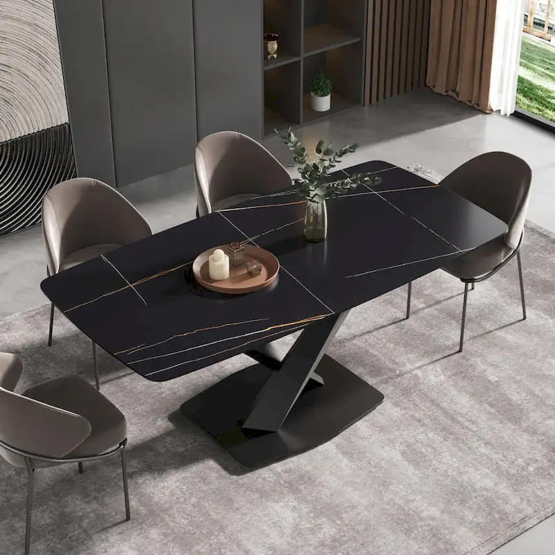71  Modern Dining Table with Slate Stone Top and Metal Legs, Marble Dining Table