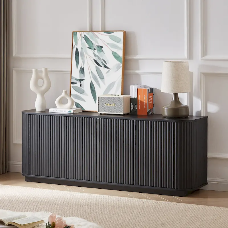 Sideboard Storage Cabinet TV Stand with wave pattern Buffet Cabinet Wooden Vertical Striped Cabinet