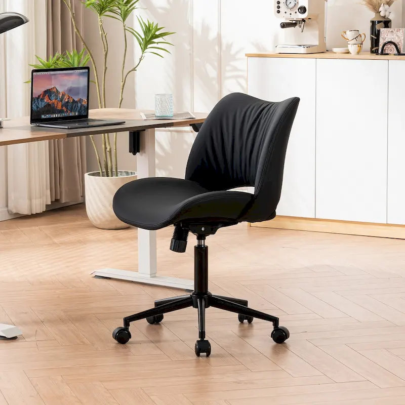 Leather Swivel Office Chair with Wheels - Armless