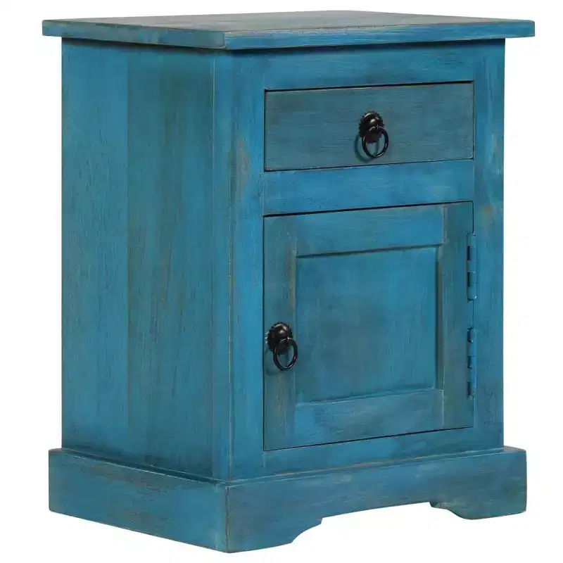 vidaXL Bedside Table - Nightstand with Storage - Solid Mango Wood - Blue - 15.7x11.8x19.7 - Vintage Style - Bedroom/Office/Living Room