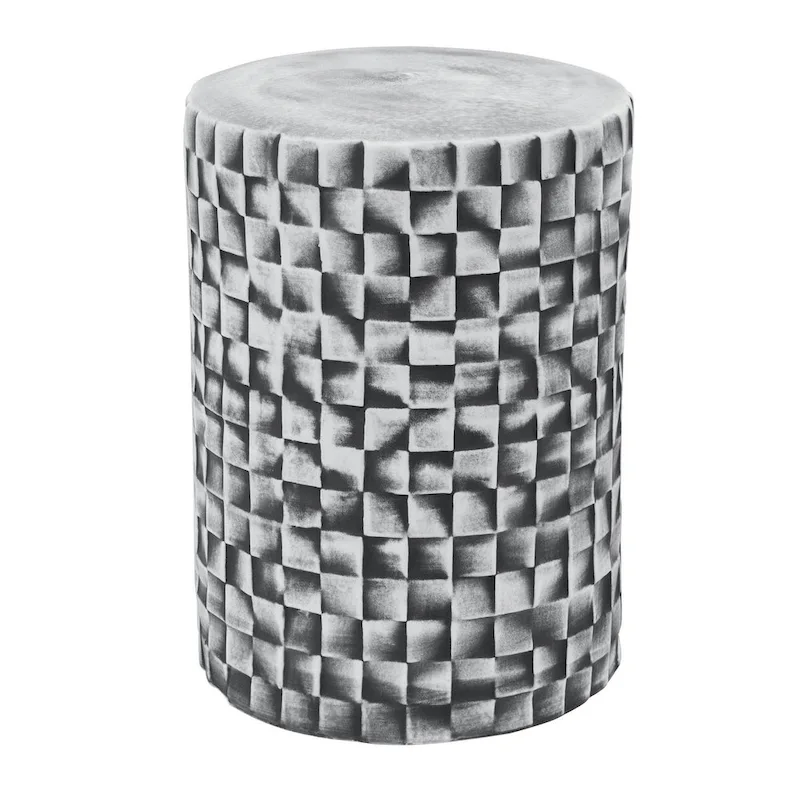 18 Inch Stool Table, Ceramic, Cylindrical, Textured Geometry, Outdoor, Gray