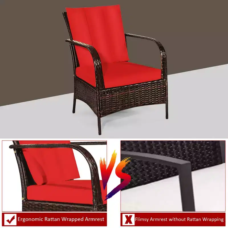 Costway 3 PCS Patio Wicker Rattan Furniture Set Coffee Table & 2 Rattan Chair W/Cushions