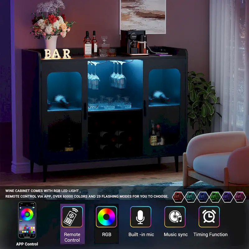 Black Bar Cabinet with Wine Holder and LED Lights - Satin Gold Finish