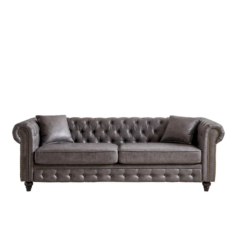 Gray Tufted Sofa with Rolled Arms - 3 Seater