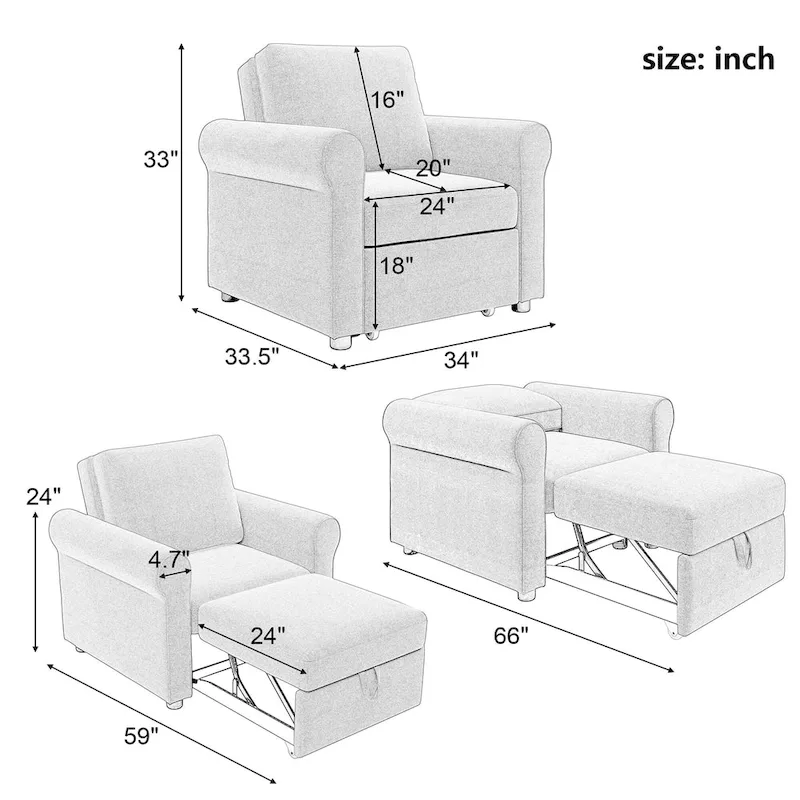 3-in-1 Convertible Sleeper Chair Bed