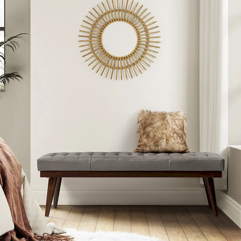 Genuine Leather Tufted Bench with Solid Wood Base