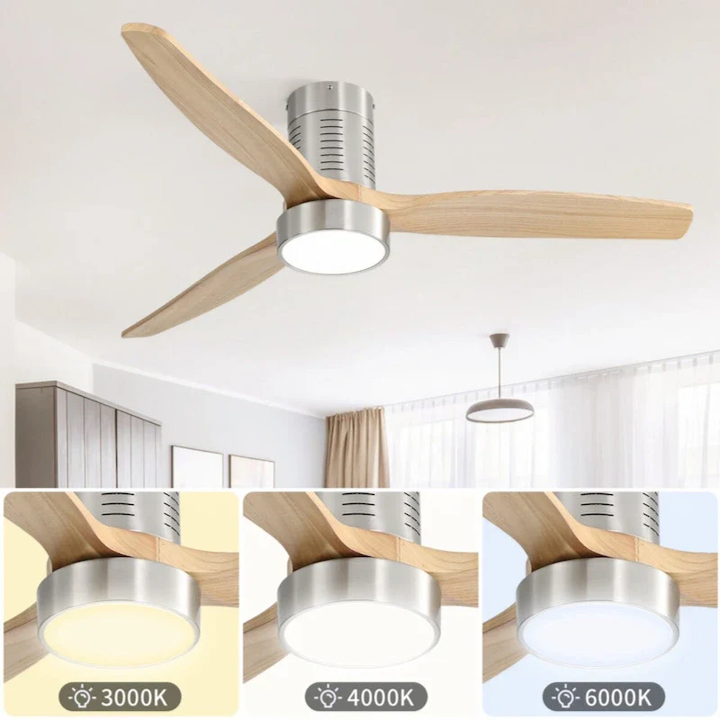 52 Inch Flush Mount Ceiling Fan With Dimmable Light 6 Speed Remote Control 3 Solid Wood Blade Ceiling Fan