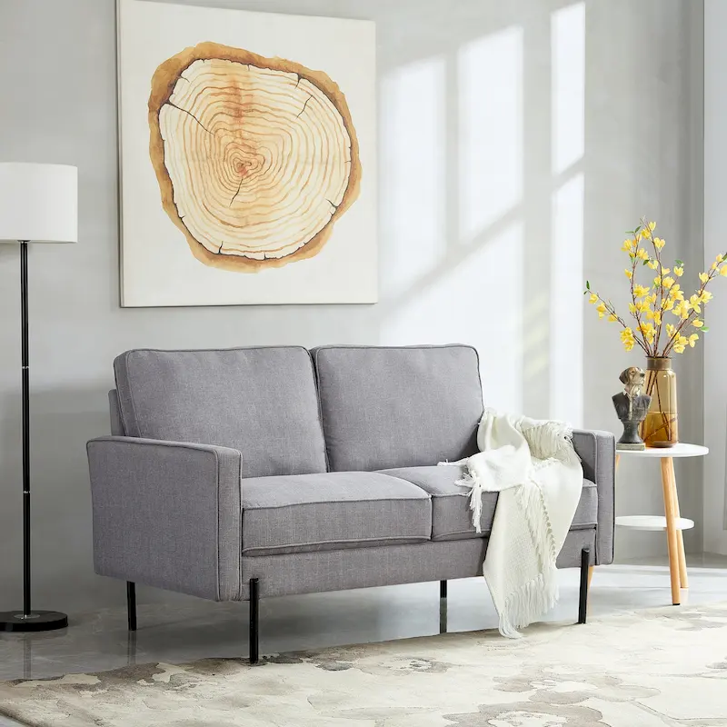 Snowhill 57W Modern Linen Loveseat, 2-Seater, Matte Black Metal Legs