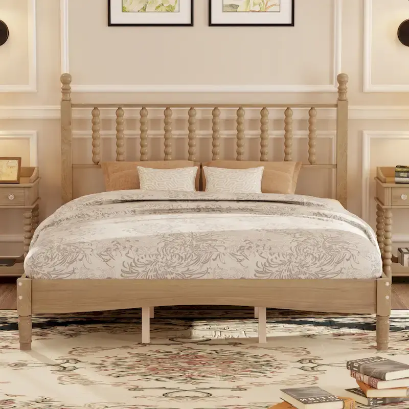 Queen Platform Bed with Gourd-Shaped Headboard – White / Walnut / Natural, 1-Person